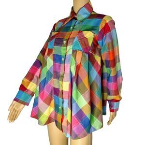 1970s Maternity Sears Rainbow Pleated Button Up Long Sleeve Shirt Size 7/8